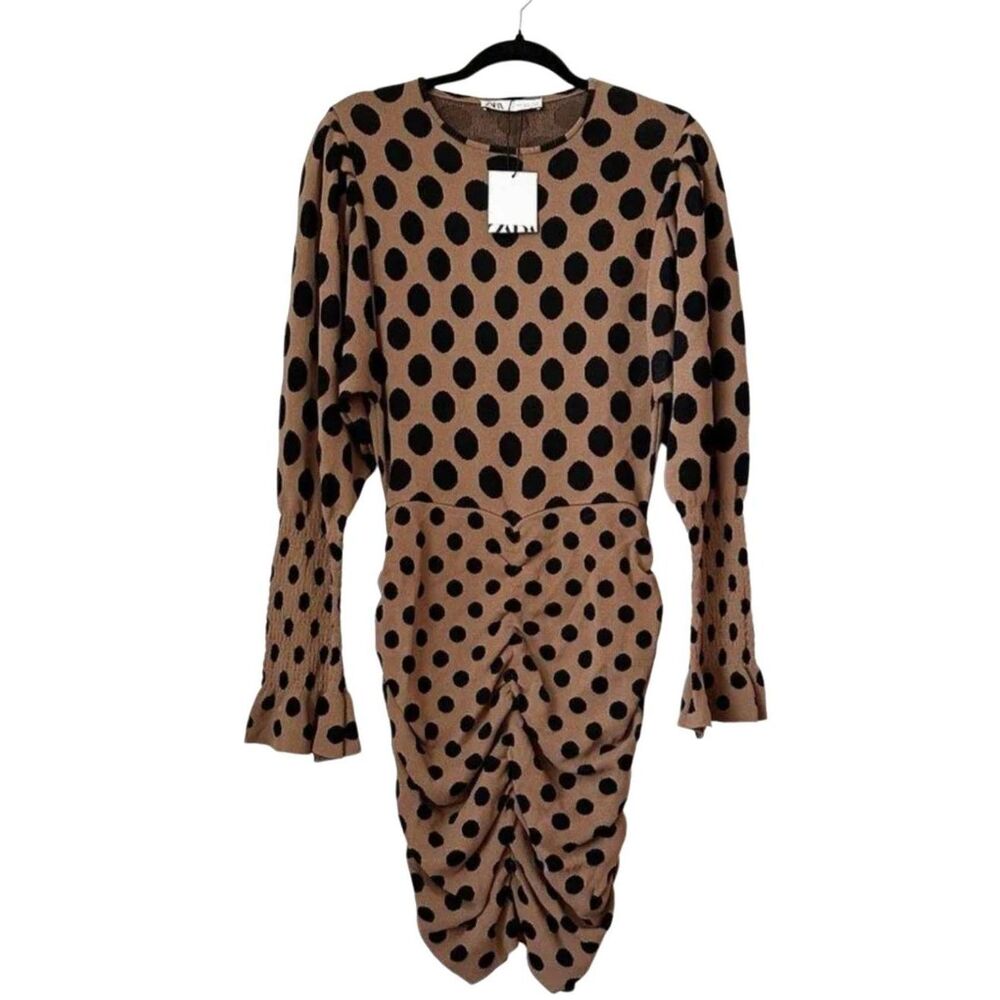 ZARA Tan Jersey Knit Fitted Dress Black Accent Flare Sleeves NWOT Size Large